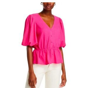 Lucky & Coco Hot Pink Woven Balloon Sleeve Peplum Top Size M NWT